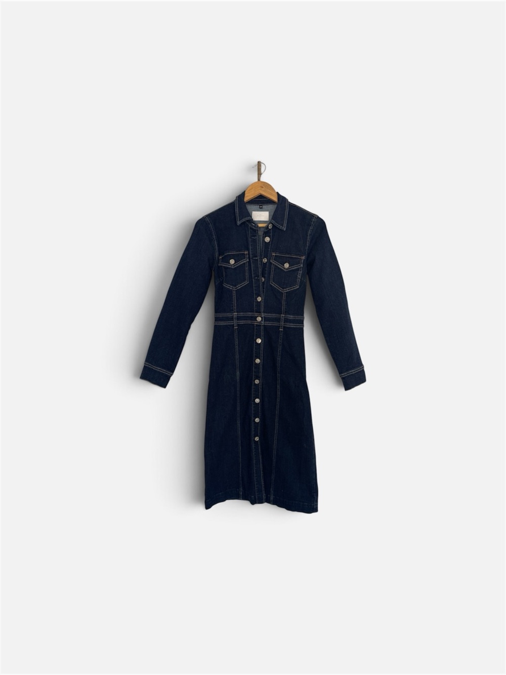 7 For All Mankind Dark Indigo Denim Button-Front Long Sleeve Dress
